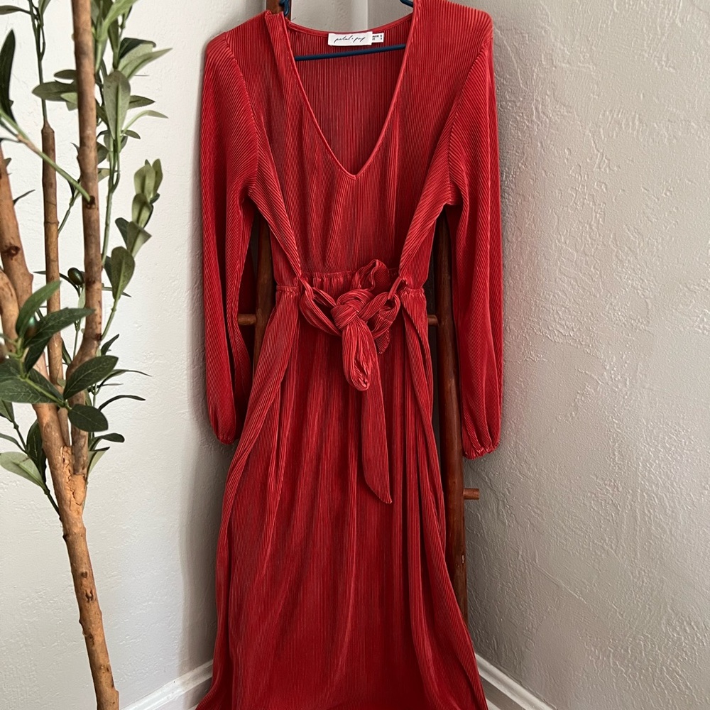Bright Red-Orange Long Sleeve Maxi Dress